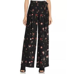 California MoonRise Floral Wide Leg Pants Size XS Black Tie Waist Pleated‎ FLAWS